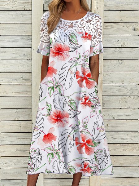 Regular Fit Floral Crew Neck Lace Dresses, White, Dresses