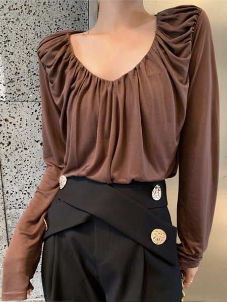 Coffee Crew Neck Simple Long sleeve T-Shirt, Blouses and Shirts