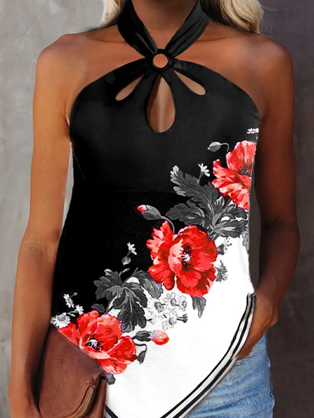 Casual Halter Floral Tanks & Camis, Black, Tanks & Camis
