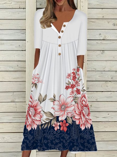 Crew Neck Floral Casual Dresses, White, Dresses