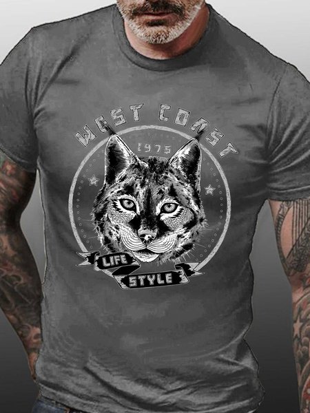 Men Cat Printing Cotton Casual Text Letters T-Shirt, Gray, T-shirts