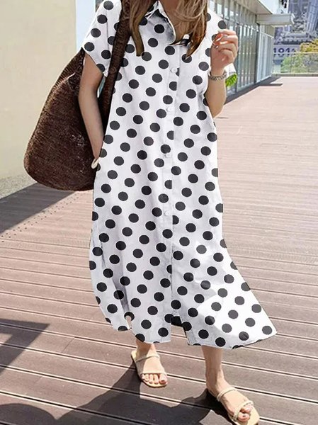 Casual Polka Dots Shirt Collar Dresses, White, Dresses