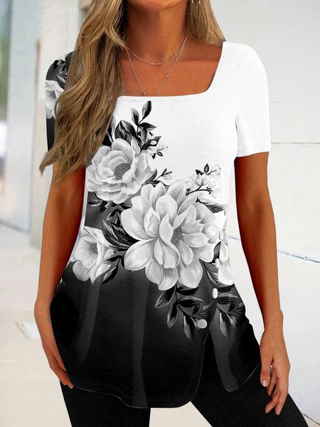 Black and white flower gradient color split irregular hem button top T-shirt plus size, Black-white, T-Shirts
Black and white flower gradient color split irregular hem button top T-shirt plus size, Black-white, T-Shirts