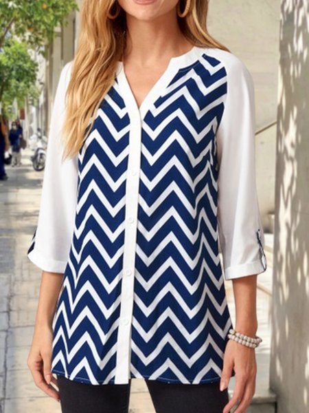 Casual Loose Color Block Blouse, White, Blouses & Shirts