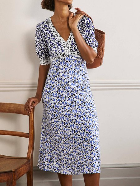 Elegant Floral And Polka Dots Dresses, Blue, Dresses