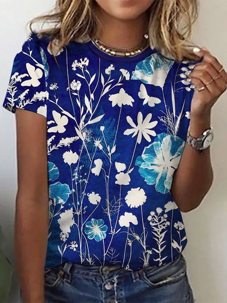 Casual Abstract Floral Design Crew Neck Knit T-Shirt, Deep blue, T-Shirts