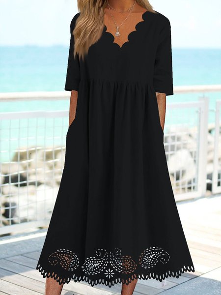 

Plain Paisley burnt out pocket x Long Dress Plus Size, Black, Dresses