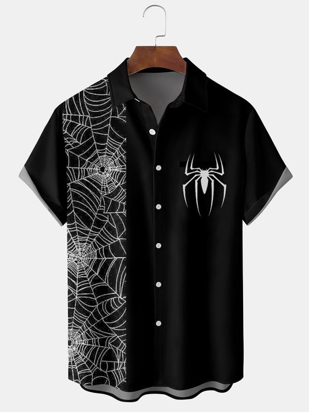 Mens Halloween Spider Print Front Buttons Short Sleeve Shirt Casual Hawaiian Shirt, Black, Short Sleeve Shirts