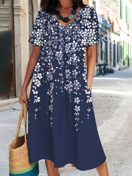 Dark Blue Floral Design V-Neck Knit Dress, Deep blue, Midi Dresses