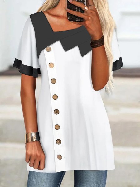 Square Neck Casual Plain Tops, White, Tunics