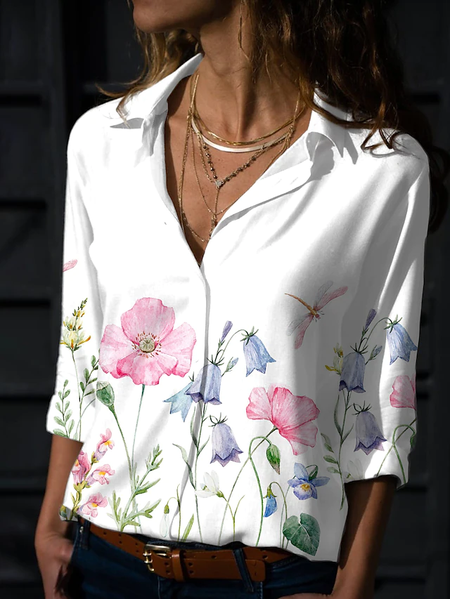 Floral Shawl Collar Regular Fit Casual Blouse, White, Shirts & Blouses