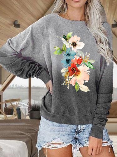 Crew Neck Cotton-Blend Loose Sweatshirts, Gray, Sweatshirts & Hoodies