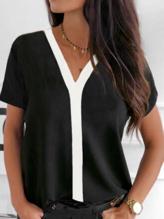 Loose Casual Color Block T-Shirt, Black-white, Tees & T-shirts