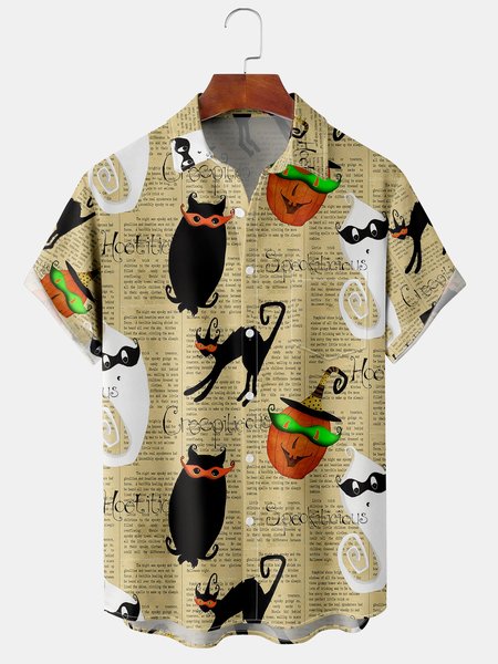 Men's Halloween Print Casual Short Sleeve Hawaiian Shirt with Chest Pocket, Khaki, Men's Floral shirt