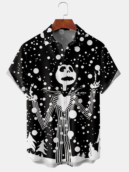 Men's Halloween Print Casual Short Sleeve Hawaiian Shirt with Chest Pocket, Black, Men's Floral shirt