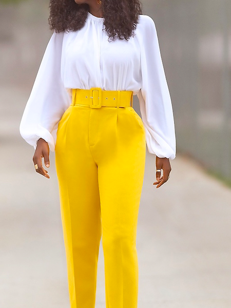 Autumn Long sleeve No Elasticity Crew Neck Urban Daily Tops, White, Blouses and Shirts