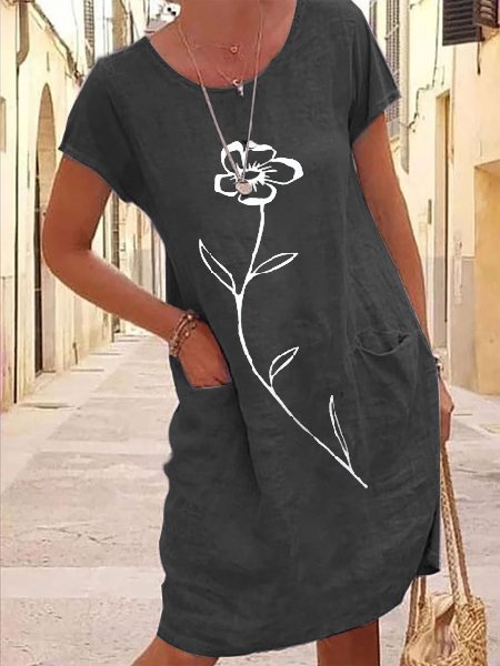 Casual Cotton Linen Floral Design Round Neck Short Sleeve Dress, Black, Mini Dresses
Casual Cotton Linen Floral Design Round Neck Short Sleeve Dress, Black, Mini Dresses