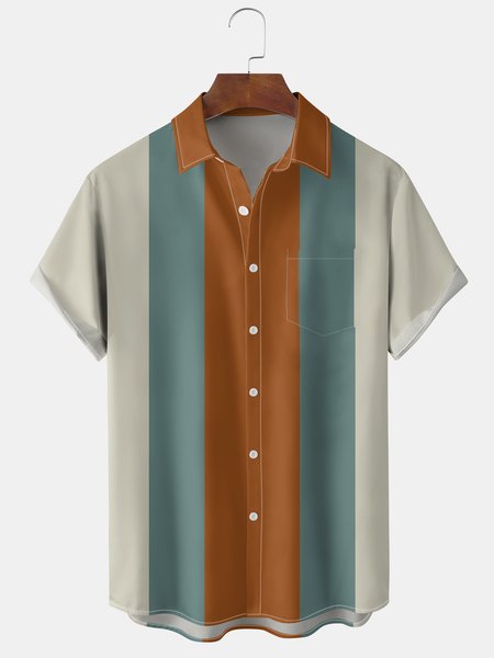 Men's Geometric Stripe Element Graphic Print Short Sleeve Shirt, Khaki, Men's Floral shirt
