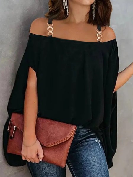 Elegant Plain Cold Shoulder Top, Black, Blouses and Shirts