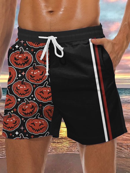 Men's Halloween Pumpkin Element Graphic Print Casual Vacation Beach Shorts, Black, Men's shorts