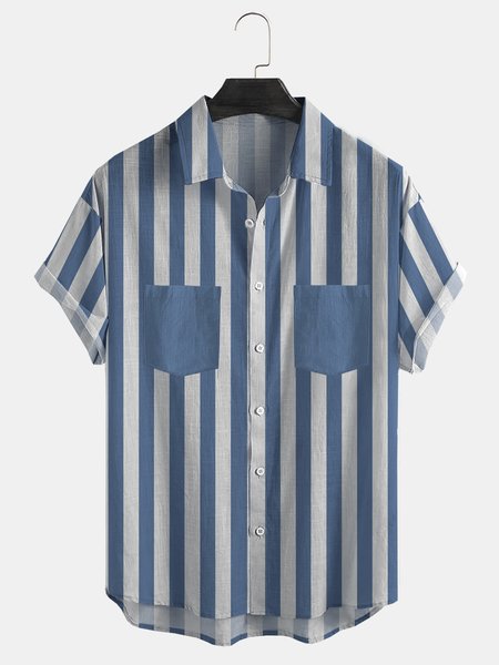 Cotton Linen Striped Casual Short Sleeve Shirt, Blue, Men's Floral shirt