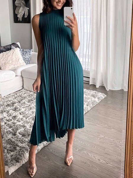 Loosen Daily Plain Elegant Midi Dress, Blue, Maxi Dresses