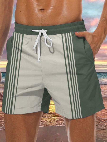 Men's Geometric Stripe Element Graphic Print Casual Resort Beach Shorts, Green, Men's shorts