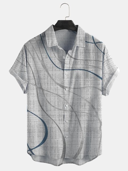 Cotton Linen Striped Casual Short Sleeve Shirt, As picture, Men's Floral shirt