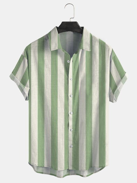 Cotton Linen Style Geometric Striped Print Lapel Cozy Linen Shirt, As picture, Men's Floral shirt