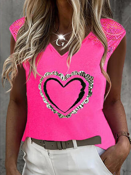 Casual Geometric V Neck Tanks & Camis, Rose red, Tanks & Camis