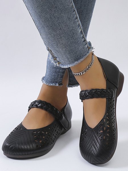 Soft Sole Breathable Hollow Mary Jane Leather Shoes, Black, Flats