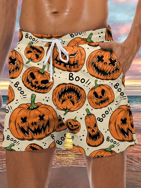Men's Halloween Pumpkin Element Graphic Print Casual Vacation Beach Shorts, Yellow, Men's shorts