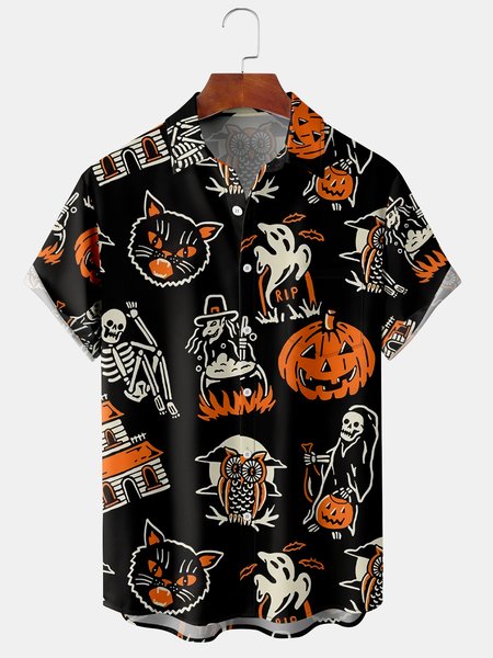 Mens Halloween Retro Cat and Witch Print Short Sleeve Shirt Casual Top, Black, Short Sleeve Shirts