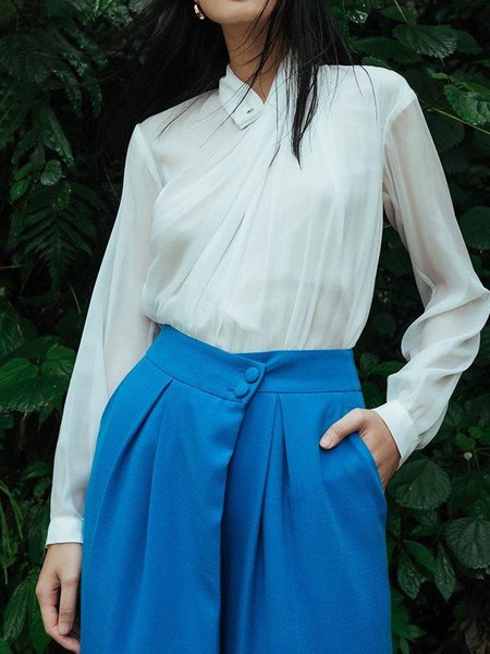 Loosen Asymmetrical Elegant Plain Daily Top, White, Blouses and Shirts