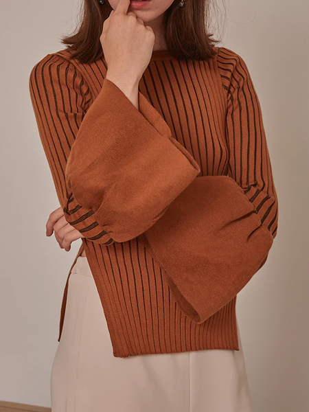 Autumn H-Line Crew Neck High Elasticity Long sleeve Daily Sweater, Caramel, Pullovers