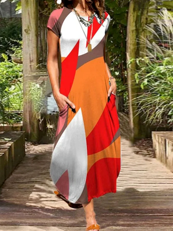 Color Block Crew Neck Loose Dresses, Orange, Dresses