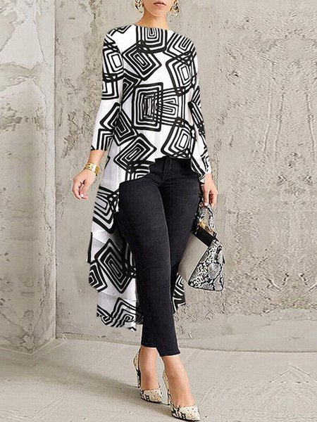 Crew Neck Geometric Printed Irregular Craftsmanship Top, White, Tops