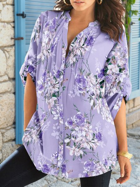 Shirt Collar Casual Blouse, Purple, Shirts & Blouses