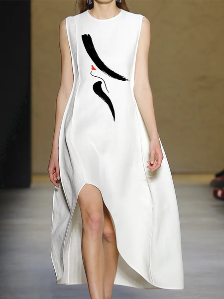 Summer A-Line No Elasticity Crew Neck Figure Daily Dresses, White, Midi Dresses