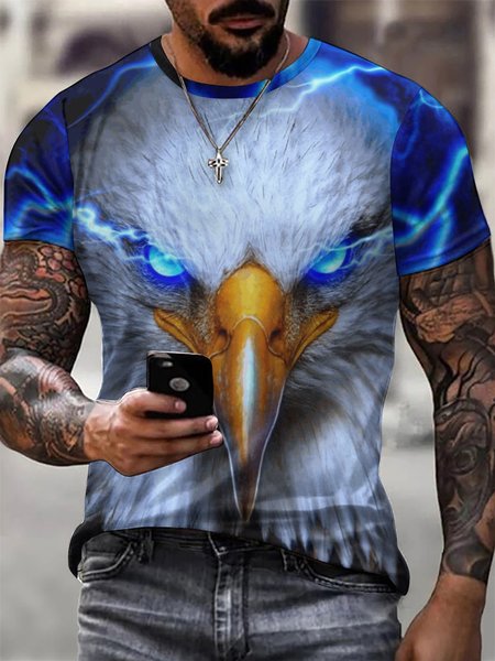 Men Eagle Printing Regular Fit T-Shirt, White-blue, T-shirts