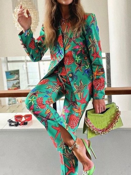 Regular Fit Marine Life Lapel Collar Blazer, Green, Blazers