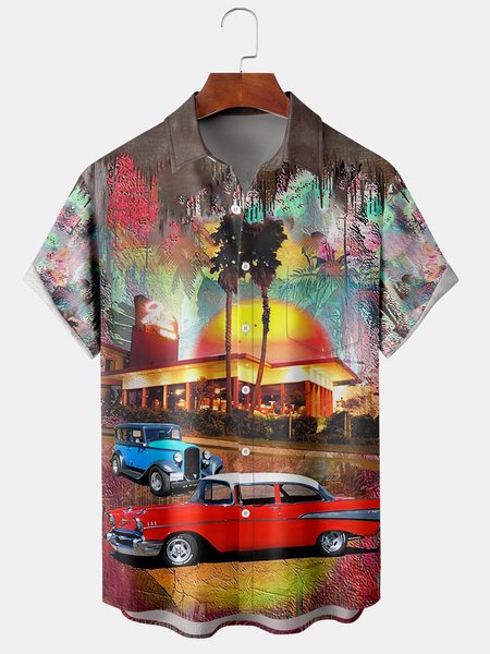 Men's Chest Pocket Print Short Sleeve Hawaiian Shirt, Red, Short Sleeve Shirts