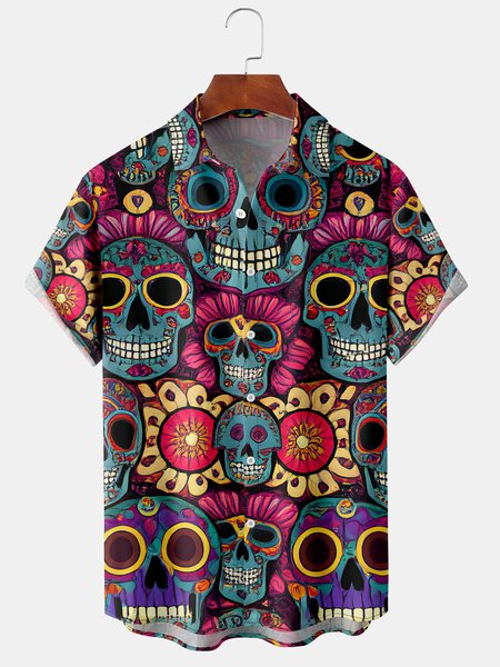 Mens Skull Print Front Buttons Soft Breathable Chest Pocket Casual Hawaiian Shirts, Red, Men's Floral shirt