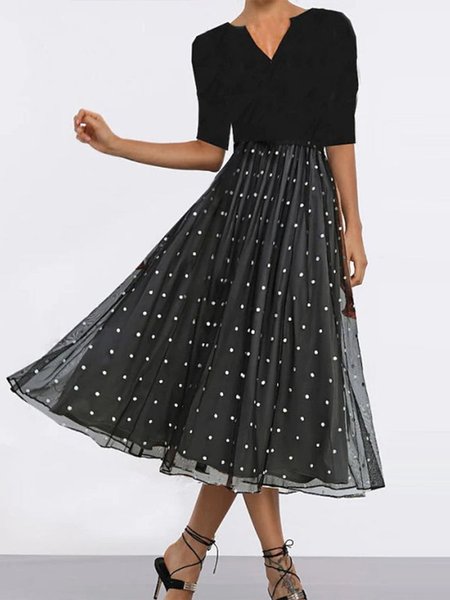 Polka Dots Regular Fit Elegant Dresses, Black, Dresses