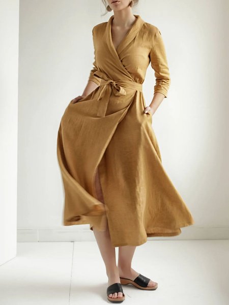 Daily Midi Long sleeve Plain Cross Neck Linen Dress, Yellow, Maxi Dresses