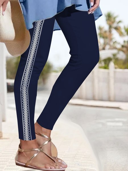 Dark blue folk flower elastic waist Leggings, Deep blue, leggings