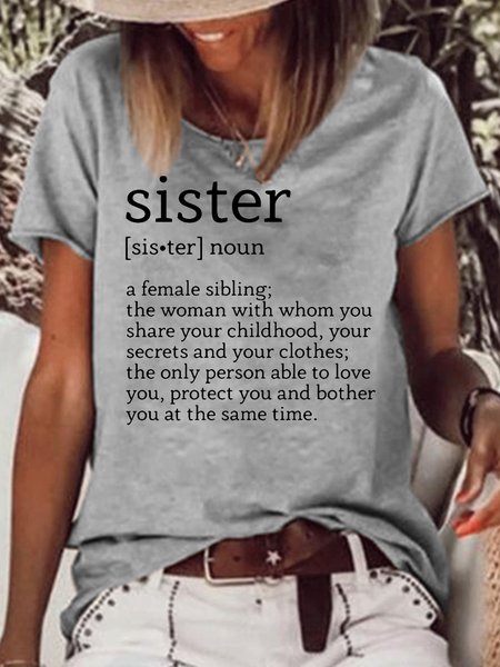 Womens Funny Sisiter Letter Crew Neck Casual T-Shirt, Gray, T-shirts