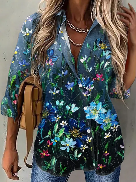 Casual Floral Shirt Collar Blouse, Dark blue, Shirts & Blouses