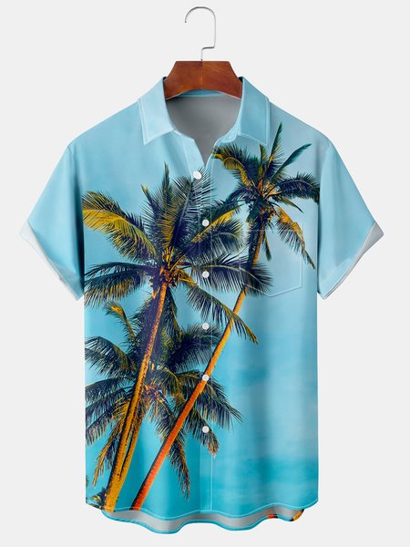 Men's Coconut Tree Print Casual Breathable Hawaiian Short Sleeve Shirt, Blue, Men's Floral shirt