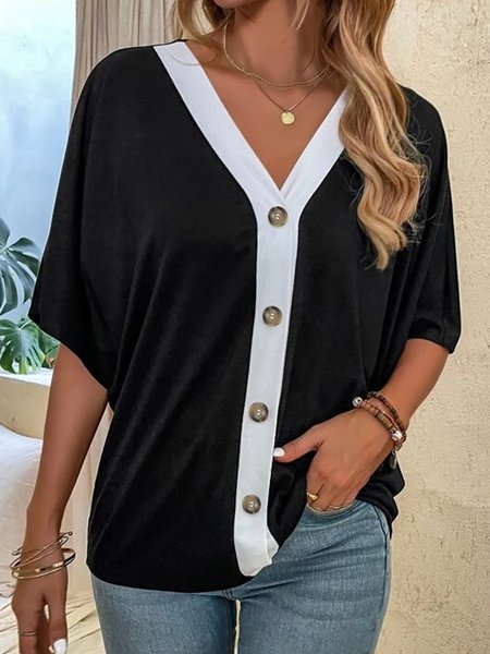 Plain black and white contrast button loose T-shirt plus size, Black-white, Blouses & Shirts